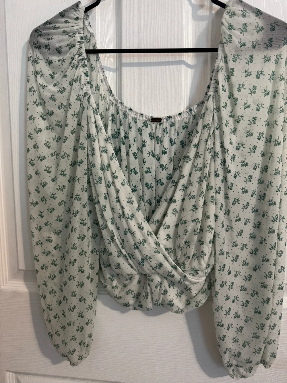 Free People Cream Wrap Blouse with Green Floral Print